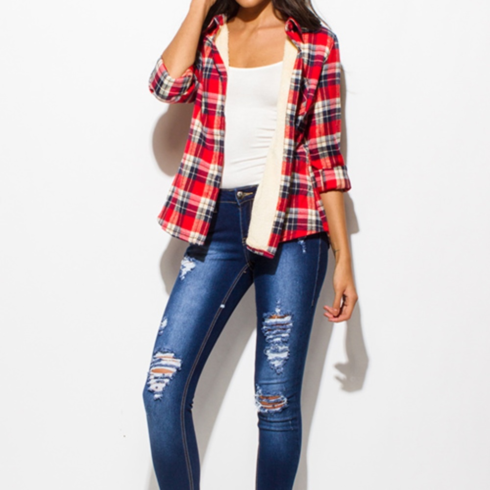 ARRIVED!GORGEOUS RED FLANNEL FLEECE LINED TOP! - Picture 5 of 7